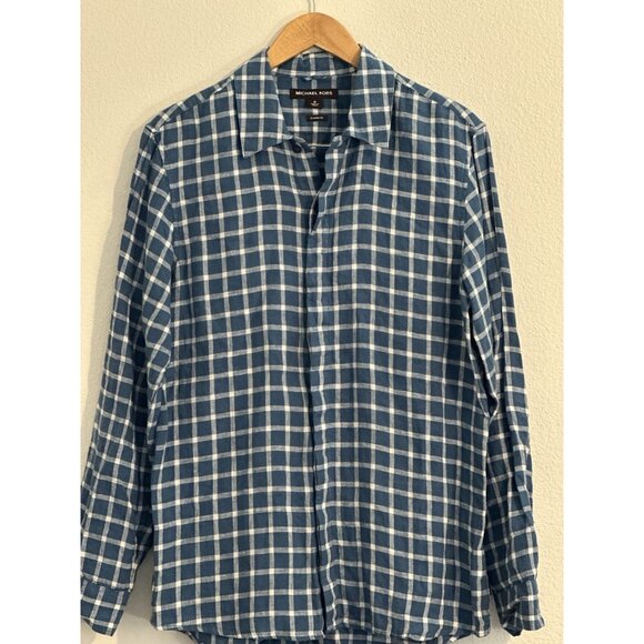 Michael Kors Men's Classic Fit Linen Shirt Blue Check Long Sleeve Button Up - Picture 2 of 16